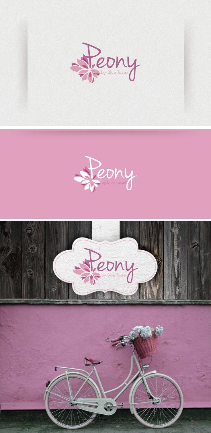 the logo for peony is displayed on a pink wall