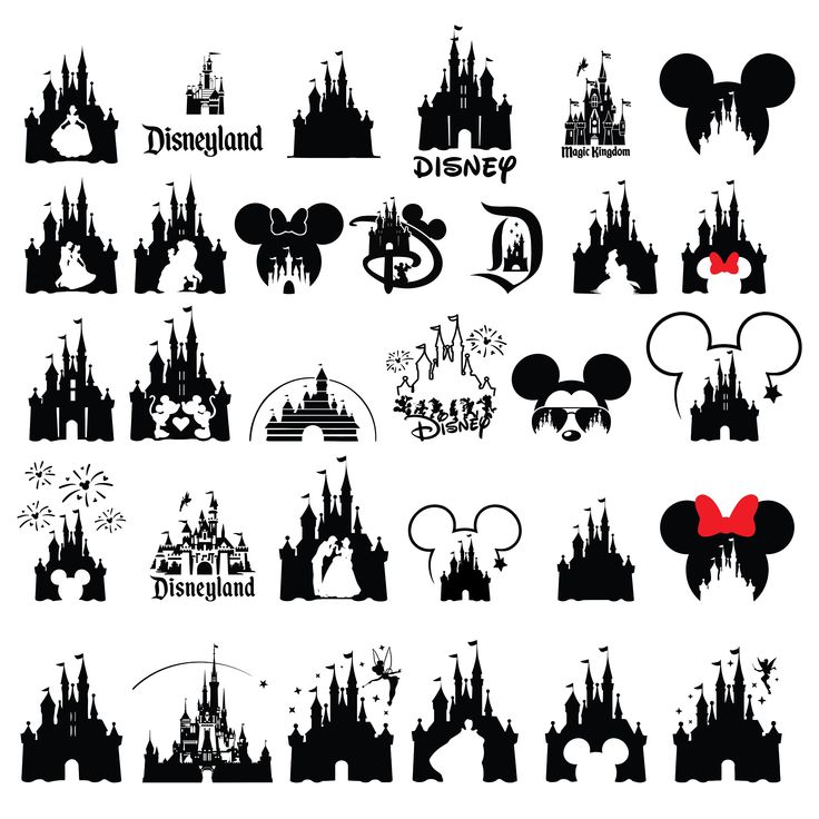 disney castle silhouettes are shown in black and white