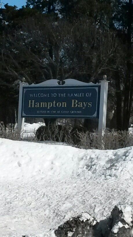 a man riding skis down a snow covered slope next to a sign that reads hampton bays