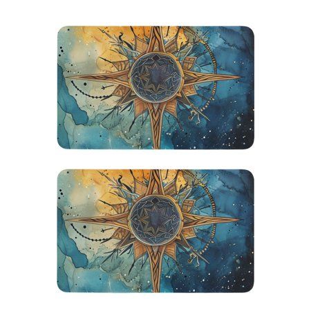 two blue and yellow coasters with an intricate sun design