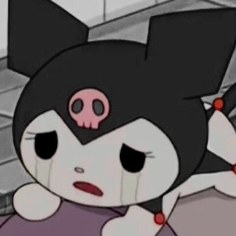 an animated character with black hair and pink eyes