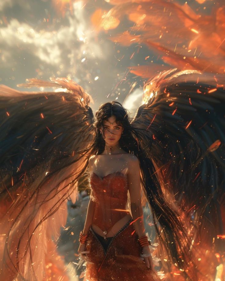 a woman dressed as an angel standing in front of fire with wings flying above her