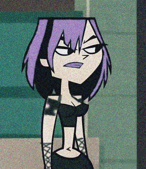 an animated girl with purple hair and black dress