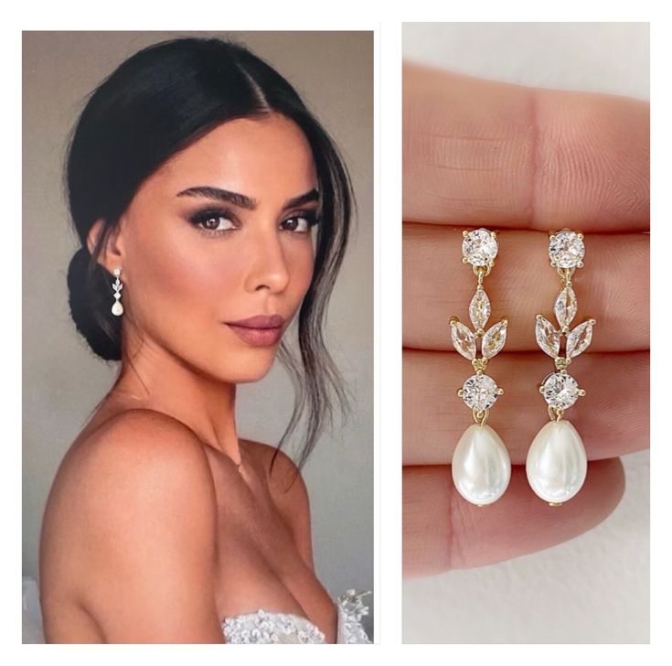 an image of a woman wearing earrings with pearls and diamonds on the bottom, next to a photo of her wedding dress