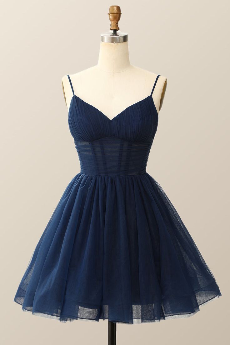 Straps A-Line Navy Blue Short Party Dress Pretty Prom Dresses Short Blue, Homecoming Dresses Space Theme, Short Tulle Dress Prom, Pretty Navy Blue Dresses, Cute Middle School Formal Dresses, Homecoming Dresses Midnight Blue, Short Homecoming Dresses Blue, Homecoming Dresses For Midsize, Dresses For Teens Formal Short