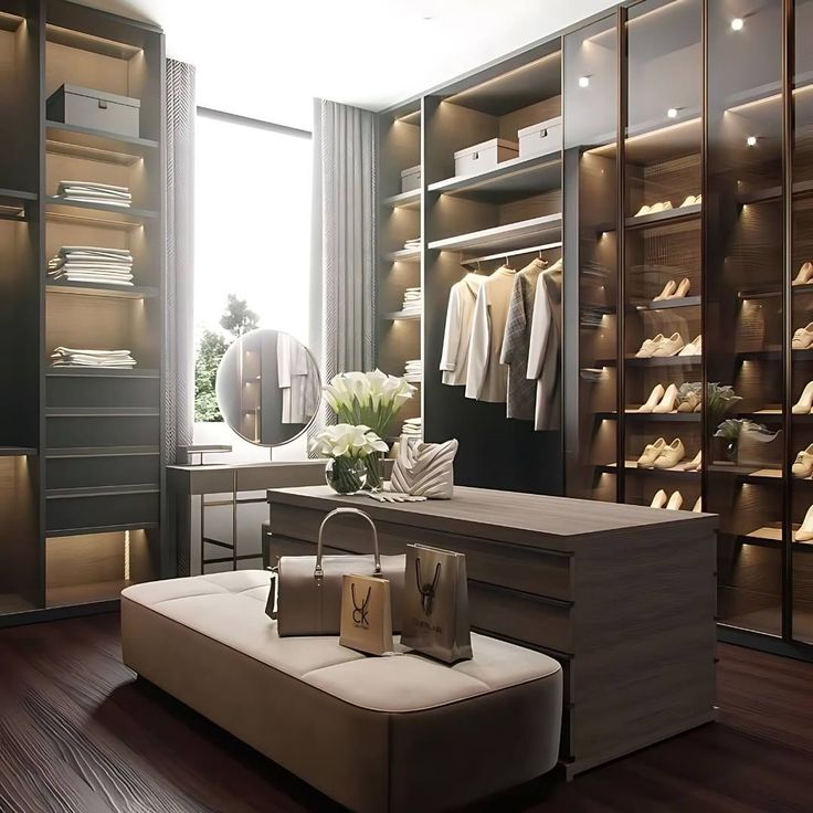 a large walk - in closet with shoes and bags on the floor next to it