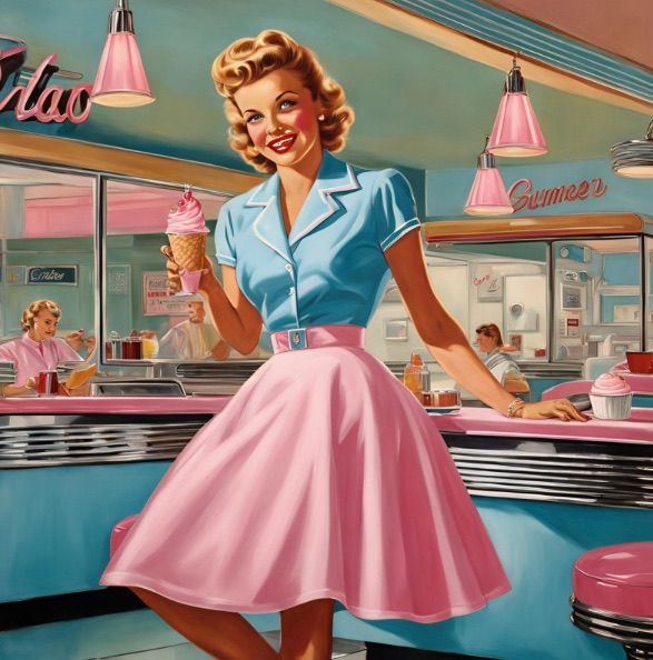 a painting of a woman holding an ice cream cone in front of a pink diner