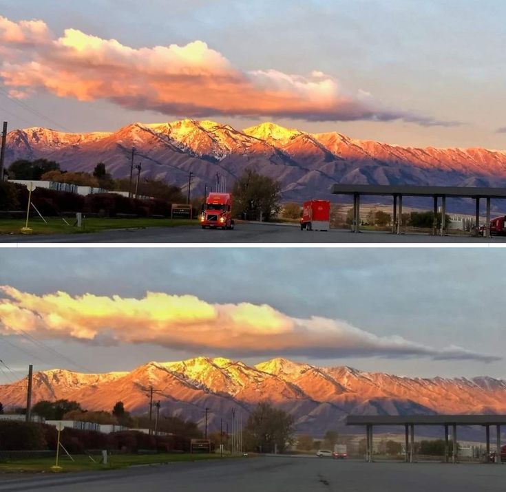 two pictures of the same mountain range in different stages of sunsets and sunrise clouds