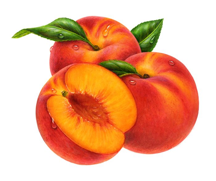 two peaches with green leaves and one sliced in half