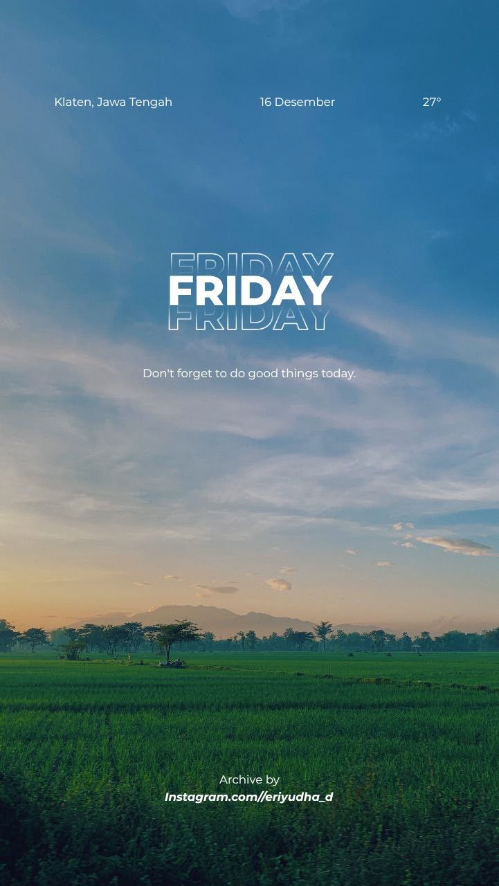 the poster for friday friday is shown in front of a green field and blue sky