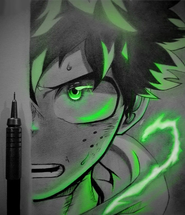 a drawing of an anime character with green eyes