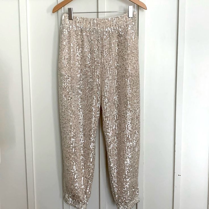 Make A Statement At The Holidays Or For A Night In The Town In These Brand New With Tags Sequined Jogger Style Pants From Loft. Lovely Champagne Beige Color. Pockets And Gathered Leg Opening For Relaxed Luxury Style ! Size L Waist 17” Stretches To 21” Inseam 26.5” A Gem! Excellent New Condition In The Town, Fashion Joggers, Style Pants, Garment Bags, Luxury Style, Walker Boots, Rain And Snow Boots, Beige Color, Night In