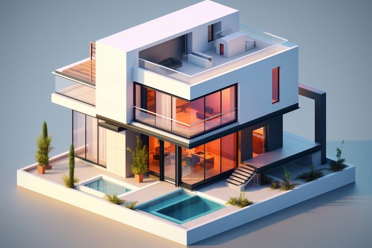 a 3d rendering of a modern house with swimming pool in the front yard and stairs leading up to it