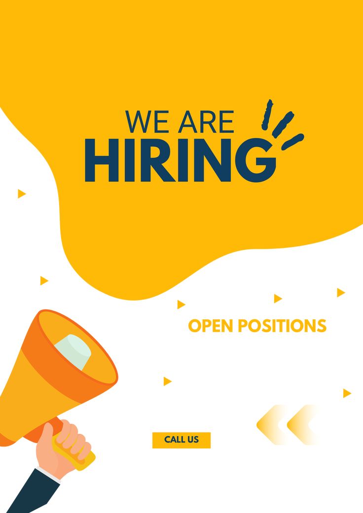 a person holding a megaphone with the words we are hiring on it and an orange background