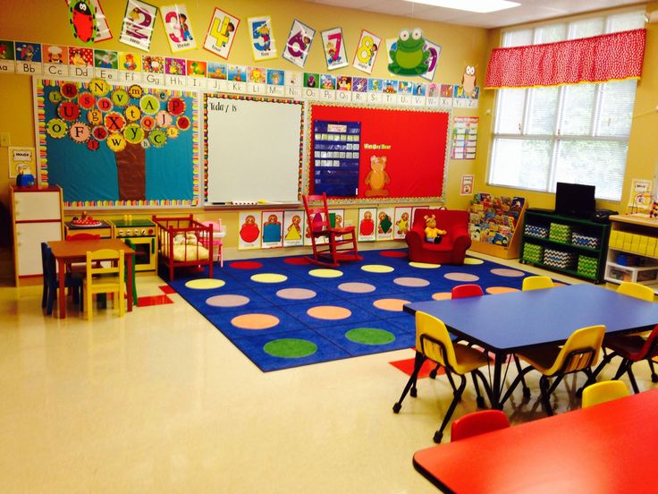 a classroom filled with lots of colorful tables and chairs