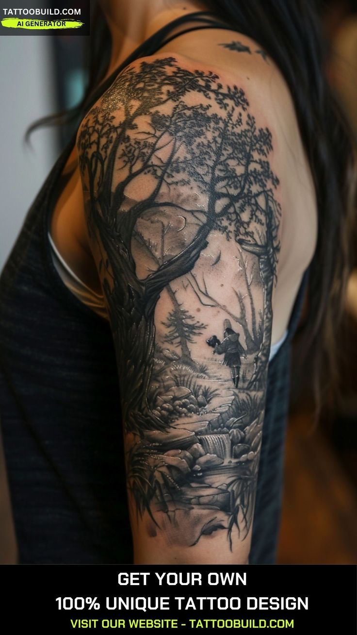 a woman with a tattoo on her arm that has trees in the background and water