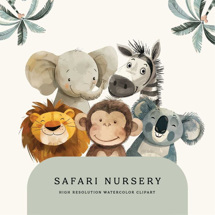 a group of animals that are next to each other with the words safari nursery on it