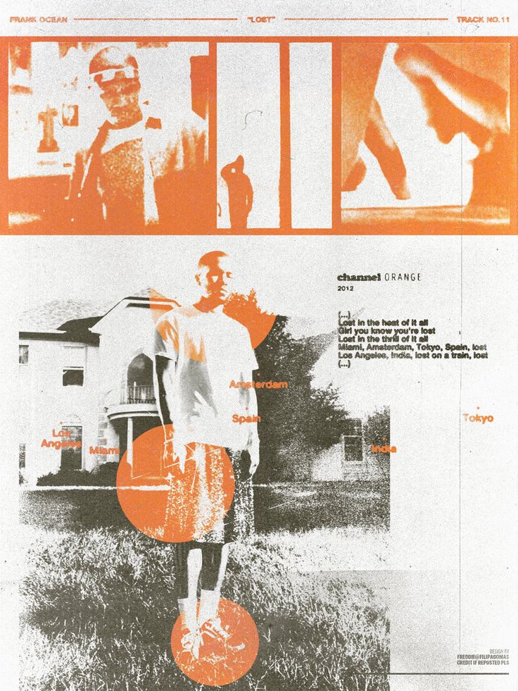 an orange and white poster with two men standing in front of a house, one holding a frisbee