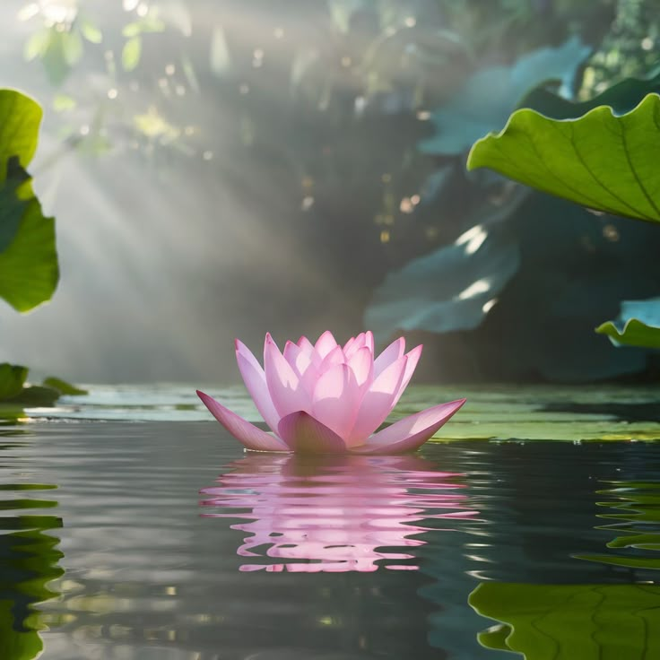 a pink flower floating on top of a lake surrounded by green leaves and water lilies