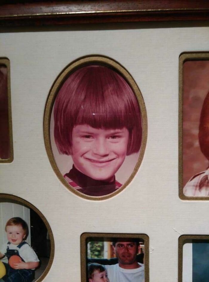 a group of framed pictures with children's faces and haircuts on them