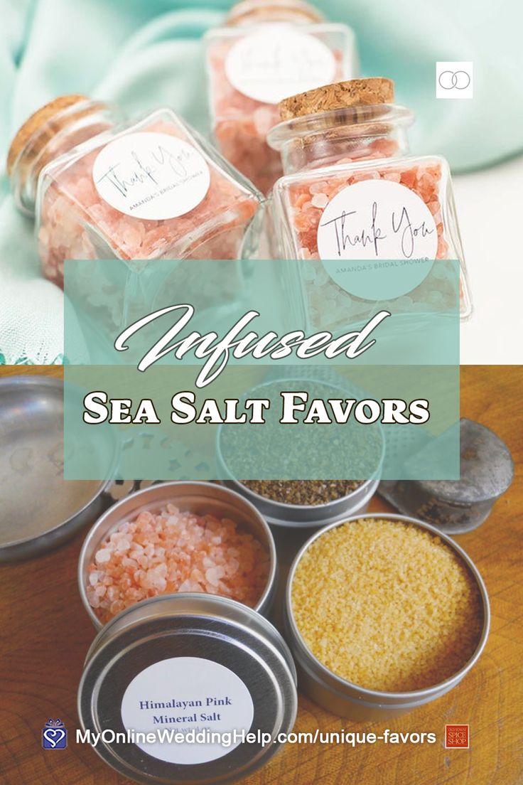 sea salt favors in small metal bowls on a wooden table with text overlay that reads, infused sea salt favors