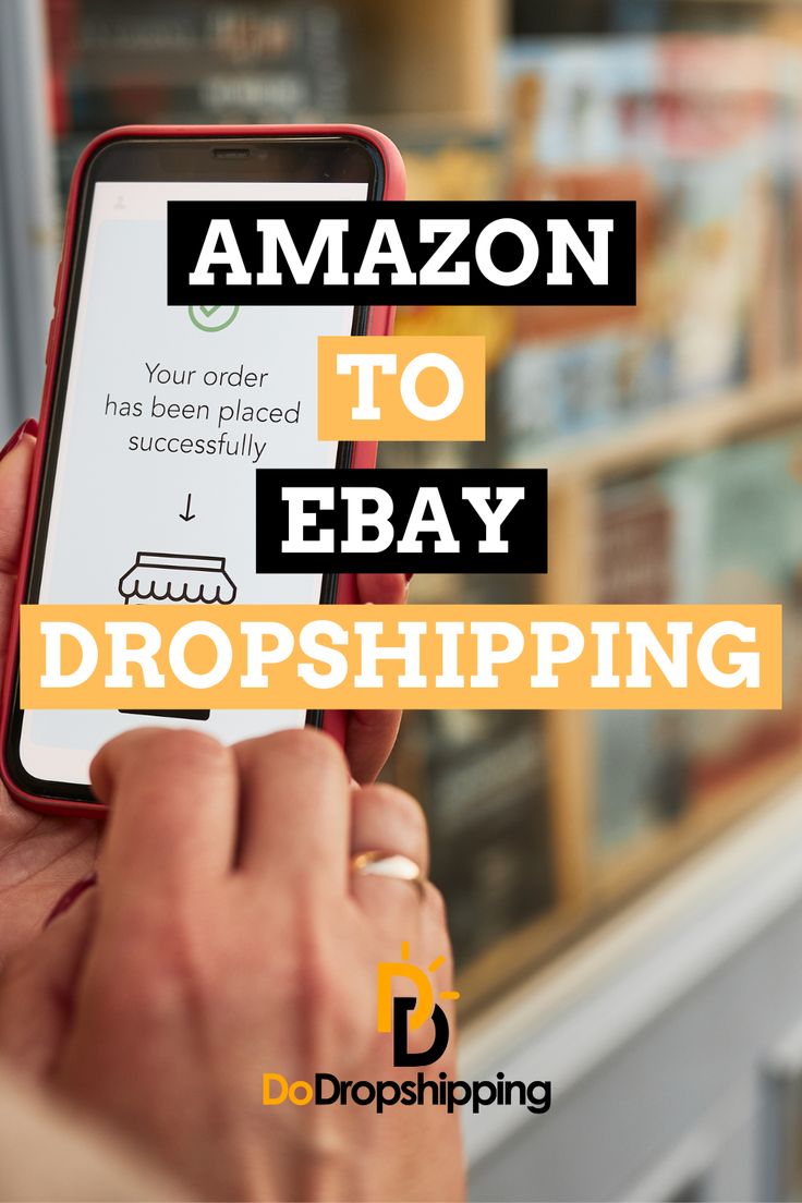 a person holding a cell phone with the text amazon to ebay dropshiping on it