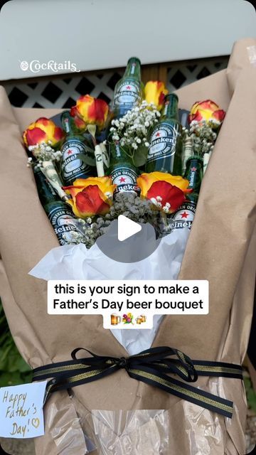 a bouquet of flowers wrapped in brown paper and tied to a chair with a message on it