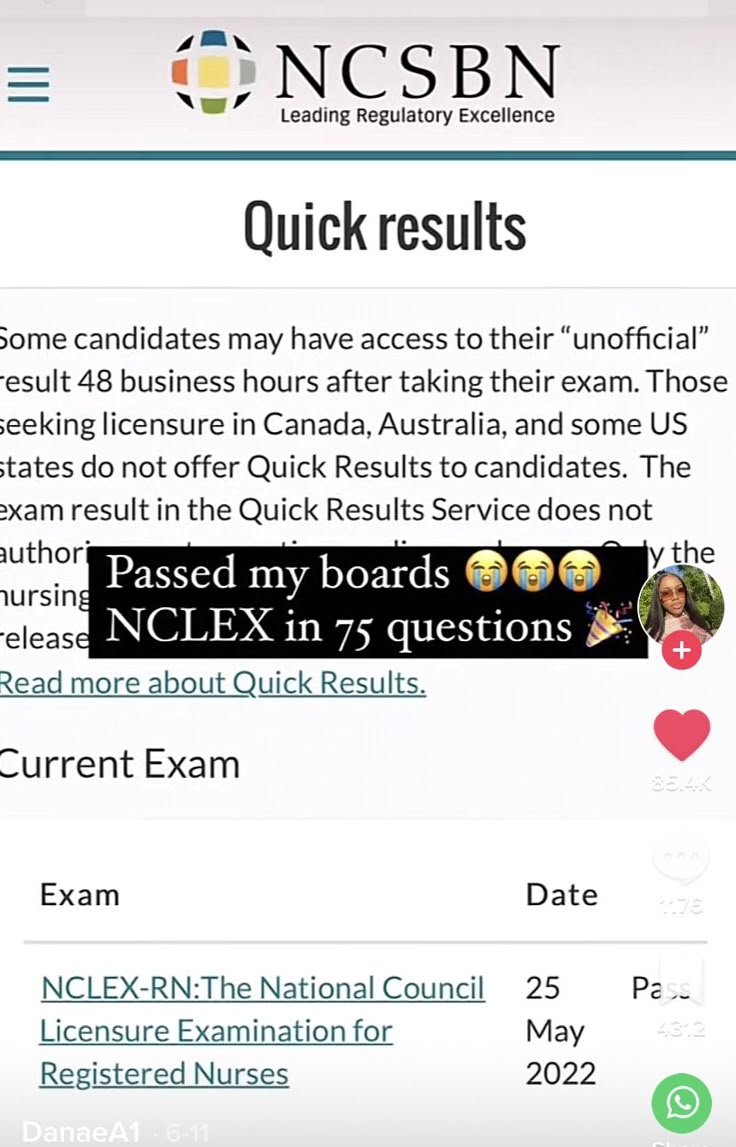 an image of the nclex exam results on their mobile phone screen, with text reading quick results