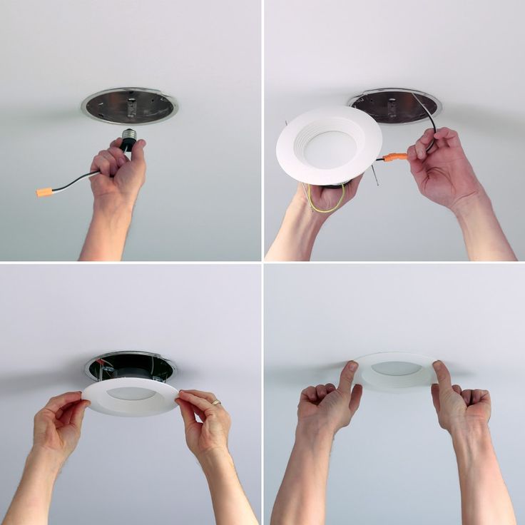 four pictures of different lighting fixtures being used to light up a ceiling fixture with one person's hands