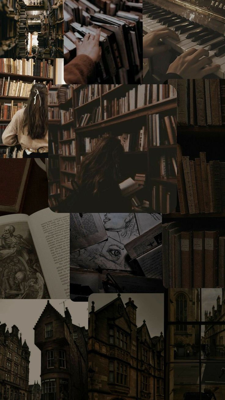 a collage of photos with books on the shelves