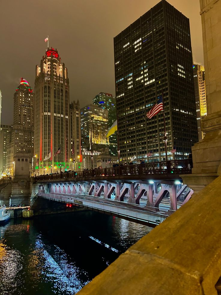 the city skyline is lit up at night with lights reflecting in the water and skyscrapers