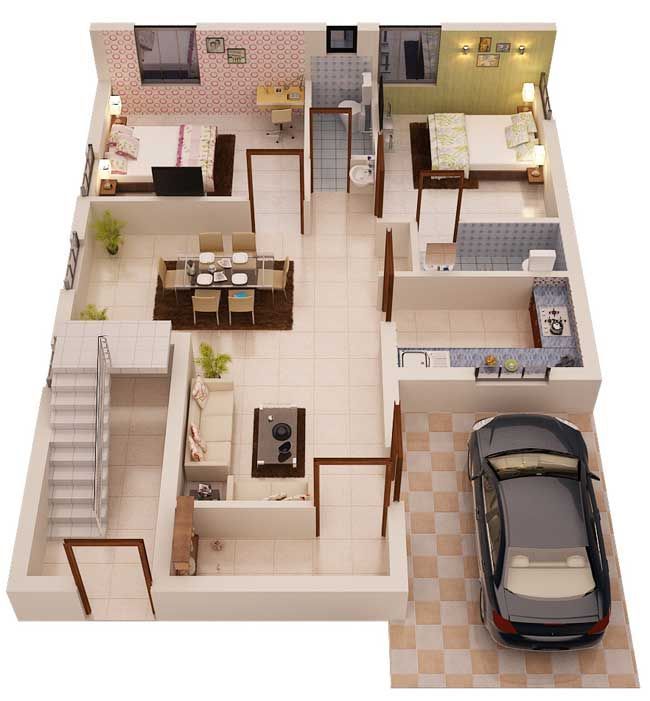 an overhead view of a two bedroom house with a car parked in the garage and stairs leading to the second floor