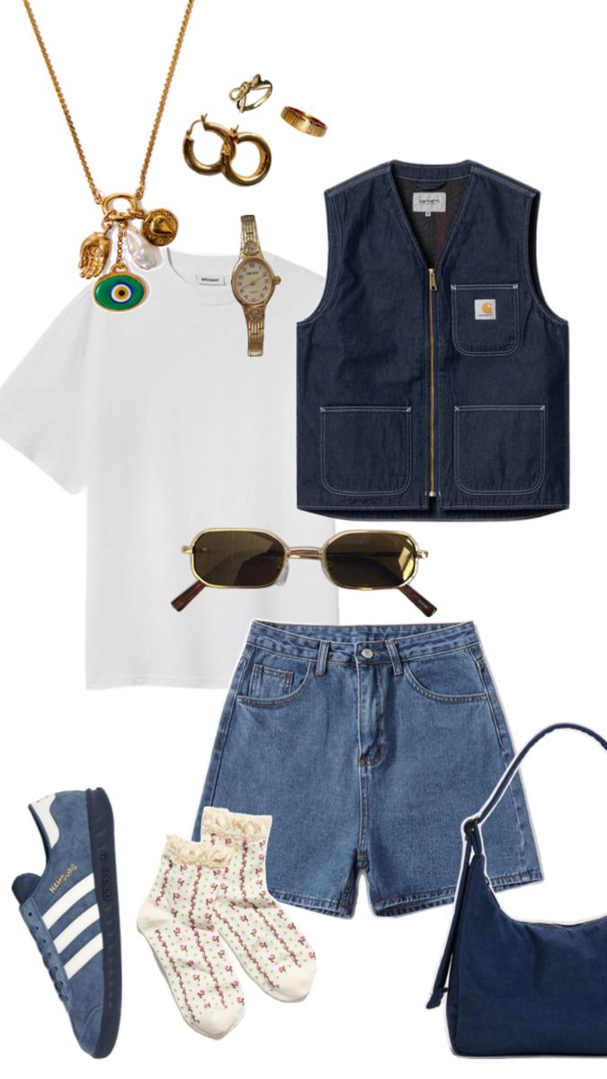 Carhartt vest, white tshirt, summer outfit, jeans, navy blue, adidas Summer Outfits With Sweaters, Cute Classic Outfits, Puff Sleeve Pattern, Carhartt Vest, Midi Dresses For Women, Packing Hacks, Modieuze Outfits, Streetwear Fashion Women, Elegant Party