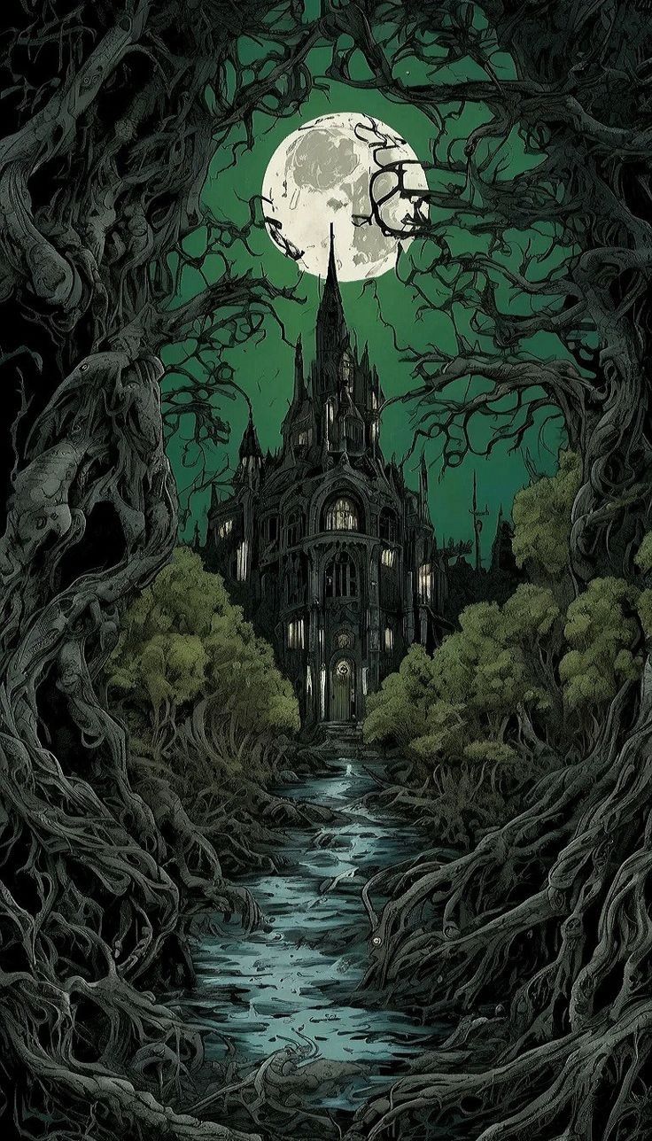 an image of a castle surrounded by trees and water at night with the moon in the sky