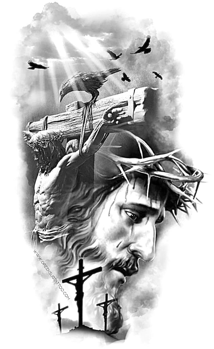 jesus carrying the cross with birds flying over him and on top of his head is a crucifix