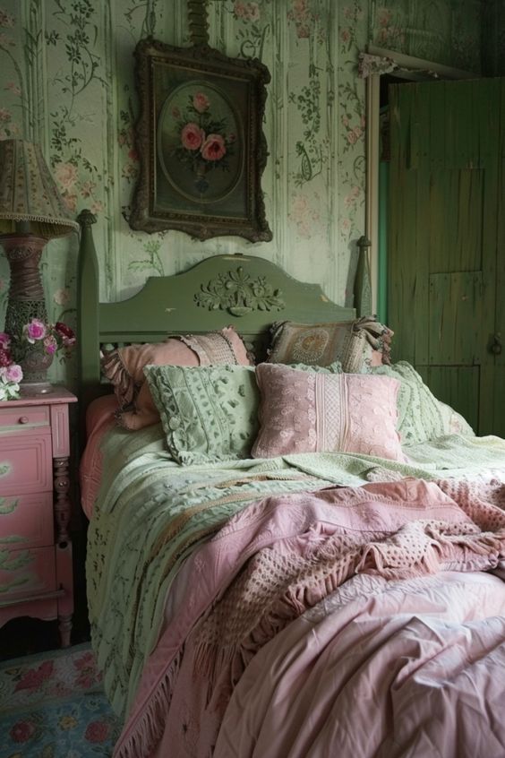 a bed sitting in a bedroom next to a pink dresser