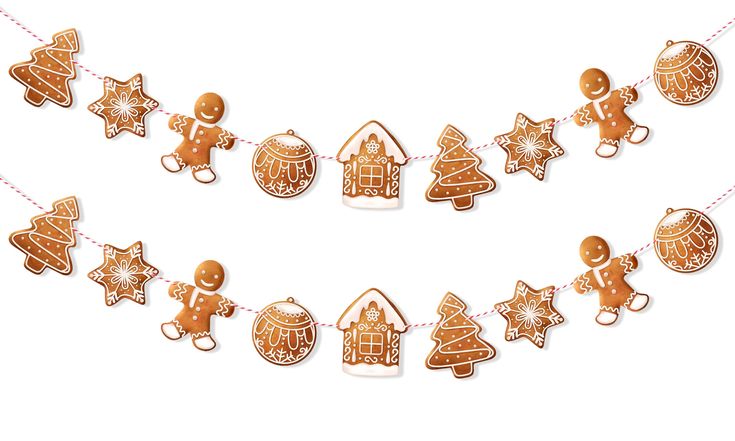 gingerbread christmas decorations are hanging on a string