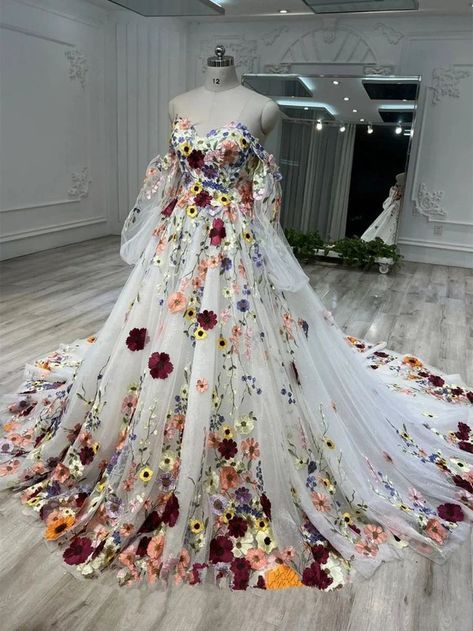 Multi Color Wedding Dress, Plus Size Wedding Dresses Colorful, Wedding Dresses Embroidery Flowers, Colorful Bridal Gown, Dress Covered In Flowers, Bright Floral Wedding Dress, White Wedding Dress With Colored Flowers, Colourful Floral Wedding Dress, Red Floral Wedding Dress