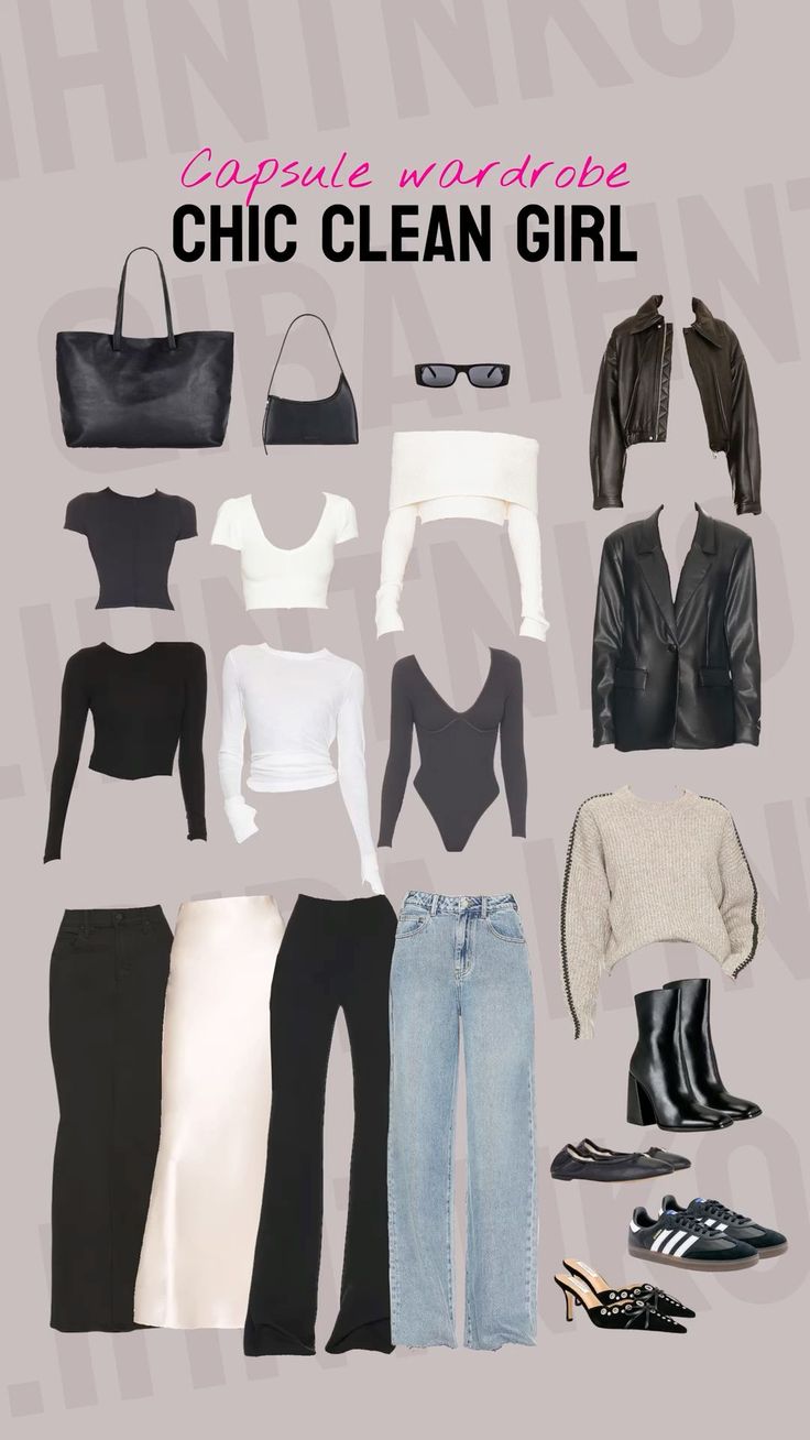 various clothes and shoes are arranged in the shape of a grid with text that reads, choose your favorite chic clean girl