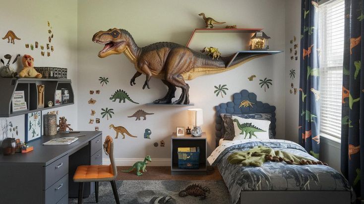 a child's bedroom decorated in dinosaur themed decor