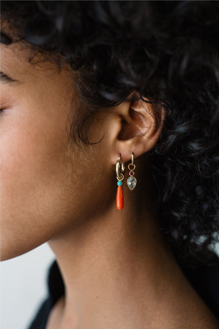 Model in close-up profile wears 14k Huggies with gold hoop earrings and fine mood charms. Dna Art, All That Glitters Is Gold, Hoop Charms, Turquoise And Coral, Earring Charms, Coral Earrings, Fall Accessories, Colorful Earrings, Tahitian Pearls