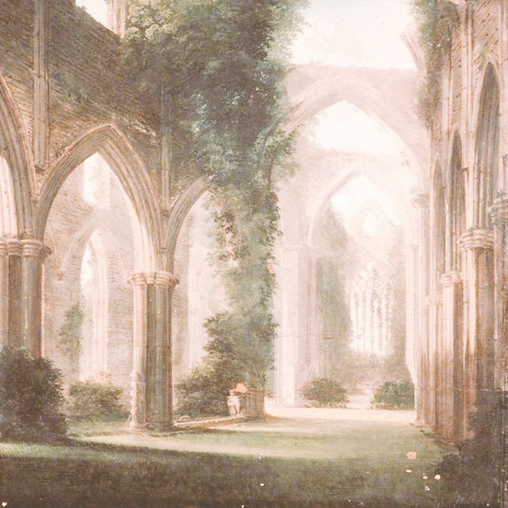 a painting of an old building with ivy growing on the walls and arches above it