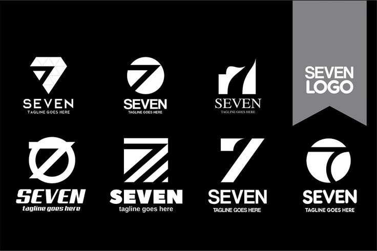 seven logos with different styles and colors on them, all in black and white color