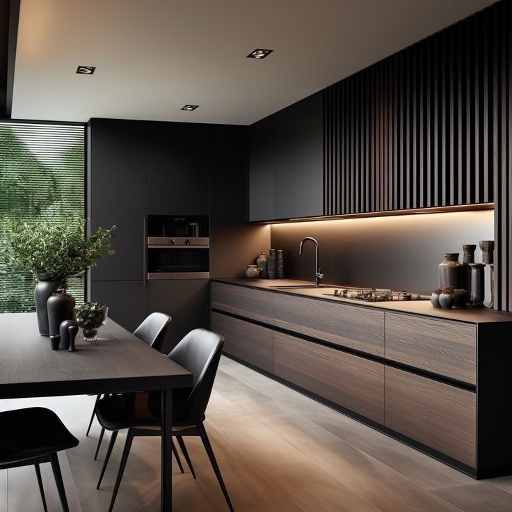 a modern kitchen with dark wood cabinets and black chairs is seen in this image from the dining room