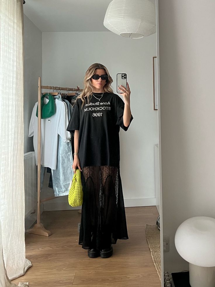 Summer Ootd Aesthetic, Long Lace Dress Outfit, Coachella Street Style, Lace Skirt Under Oversized Shirt, Lace Skirt And Tshirt, Acne Studios Skirt, Sheer Dress Outfit Street Style, Shirt Over Dress Outfit Ideas, Lace Black Skirt Outfit