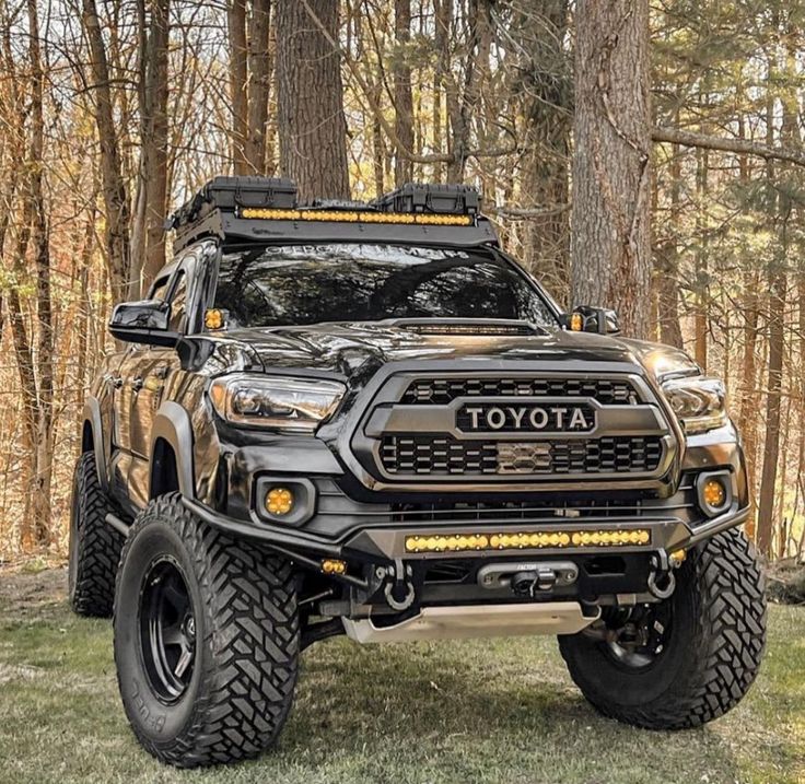 the toyota truck is parked in the woods