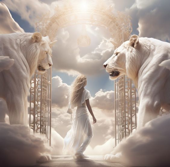 two white lions standing next to each other in front of clouds and a woman with long hair