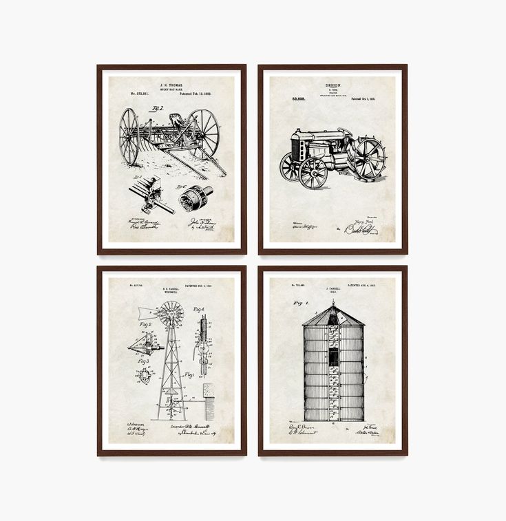 four framed drawings of farm equipment