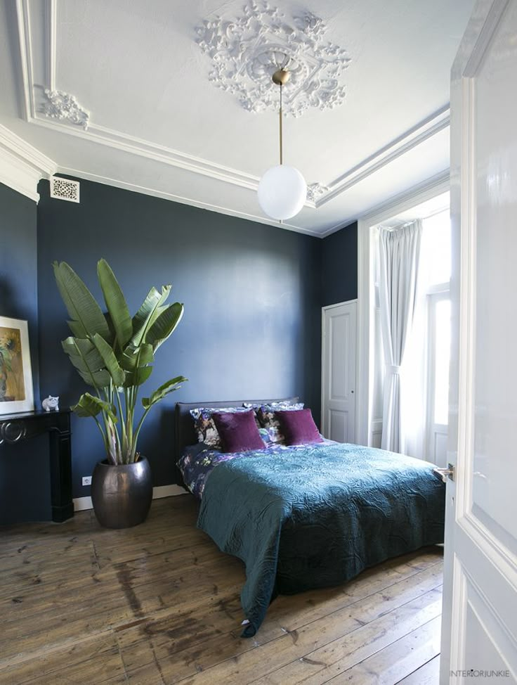 a bed room with a neatly made bed and a potted plant