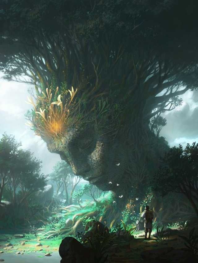 a man standing in the middle of a forest next to a giant monster like creature